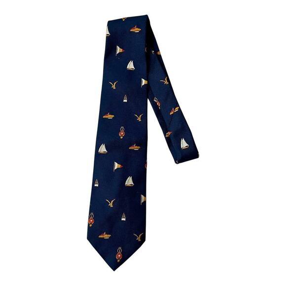 Vintage Ticuna Necktie Nautical Navy Blue Ships Boats Coastal Preppy Coastal - Picture 1 of 6